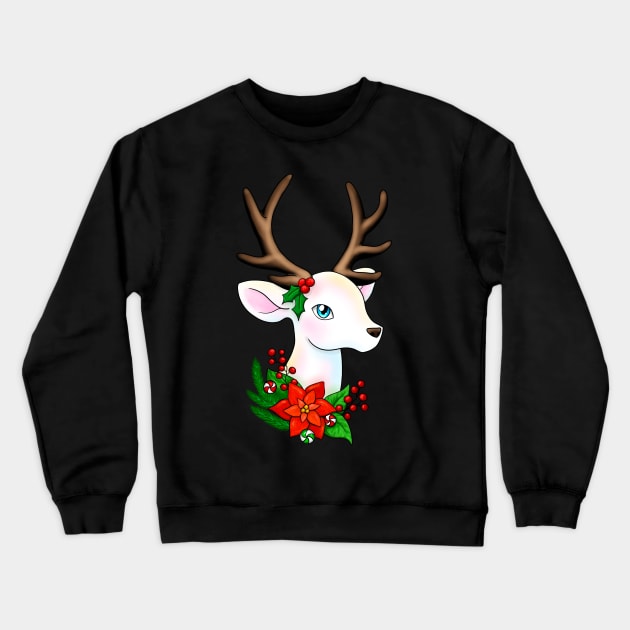 White Christmas Reindeer with Brown Antlers Crewneck Sweatshirt by Lady Lilac